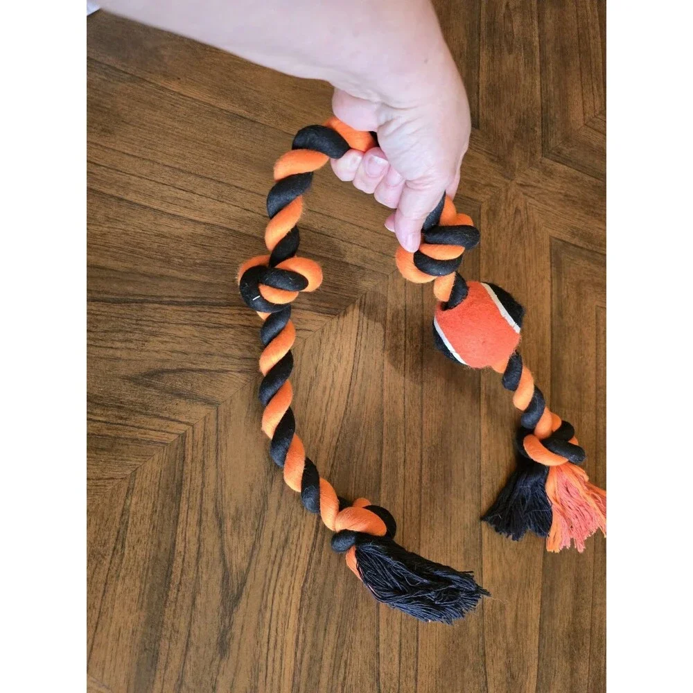 Orange Black Rope Dog Tug Toy Tennis Ball Knotted Chew Fetch Halloween M L XL